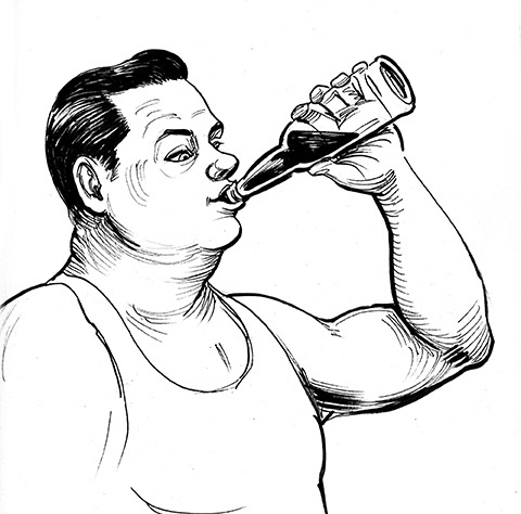 Illustration of man drinking beer from a bottle - Bob’s Big Wheel Bar - Miller on the Money
