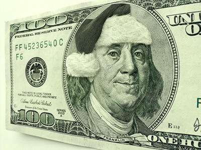 Ben Franklin Wearing Santa Hat For Christmas Hundred Dollar Bill