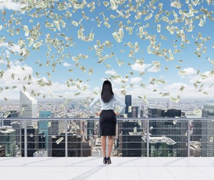 Rear view of the full length brunette woman who stands on the roof terrace in New York city. Falling dollar notes are falling down from the sky. Miller on the Money