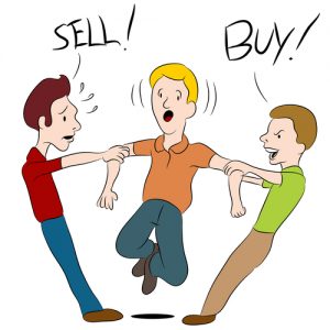 Cartoon of two people pulling arms of man, yelling "SELL!" and "BUY!"