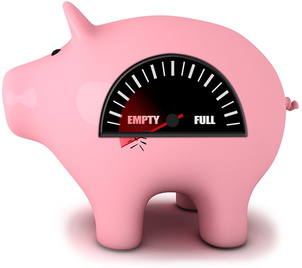 Piggy bank with fuel gauge on empty - Are All Banks Going Broke? - Miller on the Money
