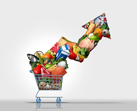 Increasing Inflation and rising grocery prices or surging cost of supermarket groceries as an inflationary financial crisis concept and the rise of food costs coming out of a shopping cart shaped as an arrow with 3D render elements. - Miller on the Money