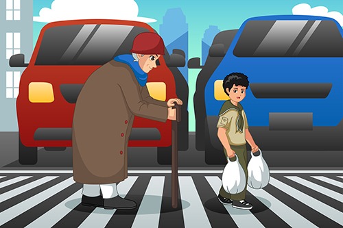 A vector illustration of Boy Helping Old Lady Crossing Street - Kindness Is Always In Style - Miller on the Money