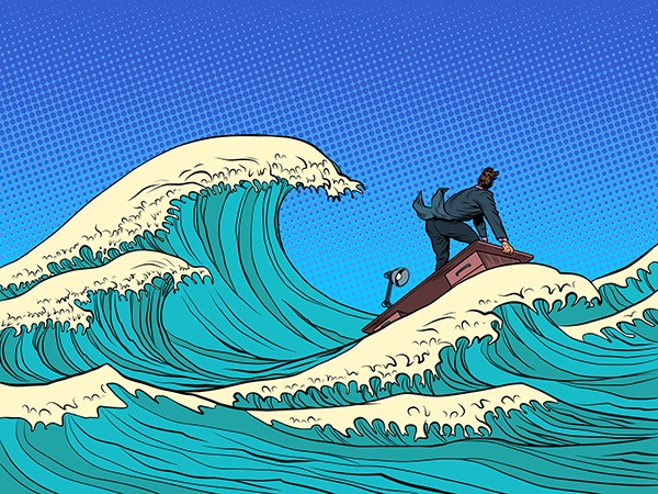 businessman waves of the economic storm crisis. Pop art retro vector illustration kitsch vintage 50s 60s style - Fighting The Debt Tsunami - Miller on the Money