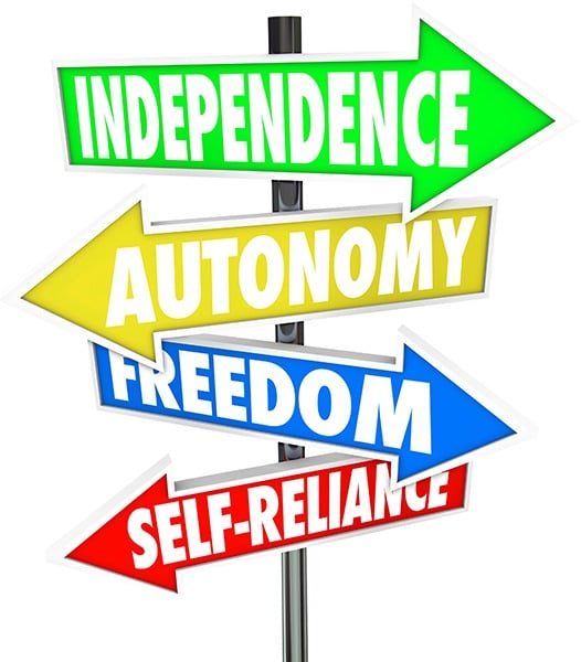 The words Independence, Autonomy, Freedom and Self-Reliance on four road sign arrows pointing and directing you to a life of liberty and self determination - Miller on the Money